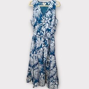 Talbots Palm Tropical Flare Maxi Dress Button Up Tie Sleeveless Blue White Sz 14